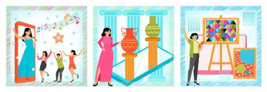 Sanal bir sanatçı coşkulu bir seyirciyi kendine çekiyor. Online müzedeki bir kadın akıllı telefon kullanıyor. VR kulaklık kullanan bir tuvalin üzerinde parlak renkli bir geometrik. Sanat konsepti.