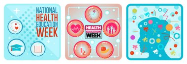 Sağlık ve eğitim sembollü Ulusal Sağlık Eğitim Haftası, toplum sağlığı, refah ve tıbbi kaynaklara odaklanma. Düz vektör resimlemesini ayarla