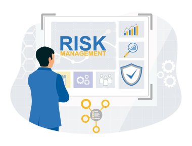 Risk yönetimi konsepti. Girişimciler iş kararlarındaki riskleri analiz ederler. Düz vektör illüstrasyonu.