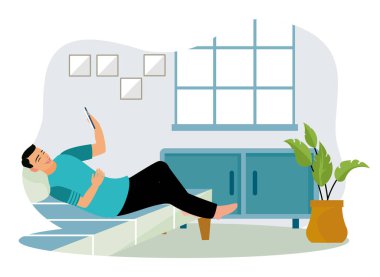 Genç bir adam evin içinde dinleniyor. Yatağa uzanıp akıllı telefonuyla oynuyor. Düz vektör illüstrasyonu.