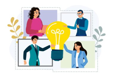 İş analiz araçları konsepti. Bir grup iş arkadaşı beyin fırtınası yapıyor ve iş stratejisi geliştiriyor. Düz vektör illüstrasyonu.