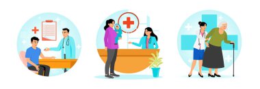 Bir hastaya aşı uygulayan bir doktor var. Neşeli bir annenin bebeğini tuttuğu pediatrik muayene sahnesi. Bakım Sağlık Hizmetleri, yaşlı bir kadına bastonla yardım ediyor. Sağlık hizmetleri kavramı.