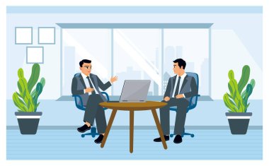 İki işadamı toplantı odasında buluşuyor. İş anlaşmasına varmak için konuş ve röportaj yap. Düz vektör illüstrasyonu.