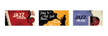 Caz müzik festivali. Bir caz müzisyeni saksafon çalar. Gitarlı ve piyanolu caz müzik festivali posteri. Düz vektör çizimlerini ayarla.