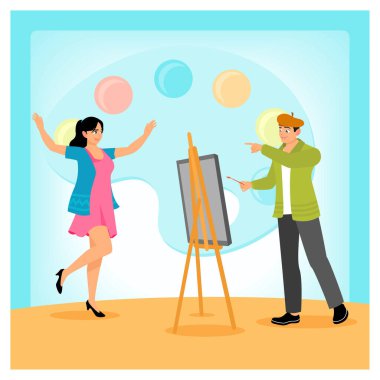 Bir sanatçı parlak bir stüdyoda renkli küreler, yaratıcılık, sanat ve dışavurumculuğu vurgulayan soyut arka planlara sahip canlı bir kadın modeli resmeder. Müzik ve sanat konsepti.