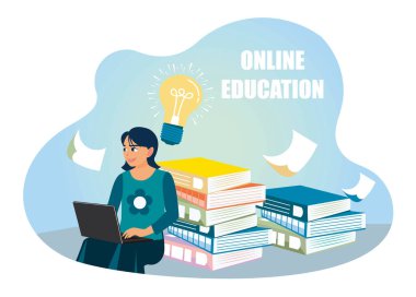 Çevrimiçi öz eğitim kavramı. Kitap yığınının yanında oturan ve evde dizüstü bilgisayar kullanarak öğrenen bir kız. Düz vektör illüstrasyonu.