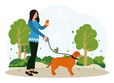 Sonbahar aktiviteleri. Akıllı telefon kullanarak güzel bir parkta köpeğini gezdiren bir kadın. Düz vektör illüstrasyonu.