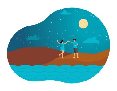 Mutlu bir çift birlikte sahildeki güzel sahil manzarasının tadını çıkarırken yıldızlı gece gökyüzünün altında. Çiftler birlikte yürür konsepti.