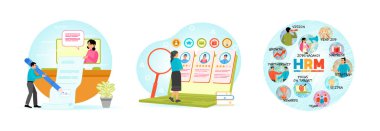 Bir adam dijital olarak bir belge imzalıyor, çevrimiçi eleman alımı, insan kaynakları yönetimi, takım çalışması, stratejiler, vizyon ve büyüme dahil. İnsan kaynakları yönetim konsepti. Düz vektör resimlemesini ayarla