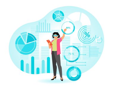 Bir kadın ileri görselleştirme araçları, turta grafikleri, istatistikler ve gelecek arayüzü ile trendleri kullanarak dijital veri içgörüleriyle etkileşime girer. Düz vektör illüstrasyonu