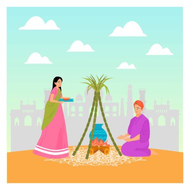 Arkaplanda Pongal kutlamaları, canlı kıyafetler, şenlik düzeneği ve simgesel simgelerle Hint kültür gelenekleri yer alıyor. Ritüeller ve törenler konsepti.