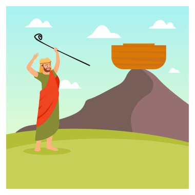 İncil 'de Nuh' un asasını tuttuğu bir sahne bir dağın tepesinde, bulutlu, parlak mavi bir gökyüzünün altında bir geminin yanında belirir. Hikayeler ve Anlatımlar.