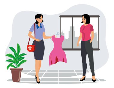 İki kadın bir odada birbirleriyle konuşuyorlar. Bir kadın bir gömlek tutuyor ve diğer kadın dinliyor. Düz vektör illüstrasyonu.