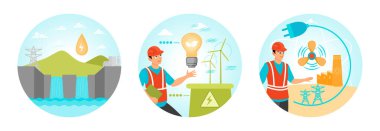 Dağların ve su akışının arasında enerji üreten bir hidroelektrik santrali. Rüzgar enerjisi projelerini denetleyen bir mühendis. Nükleer enerji teknolojisi. Yenilenebilir Enerji Konsepti.