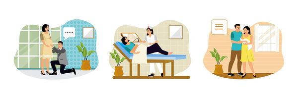 Концепция беременности и родов. Муж разговаривает с ребенком в животе. Беременная женщина проходит ультразвуковое обследование у врача в клинике. Муж и жена держат новорожденного ребенка в гостиной. Набор плоских векторных изображений.