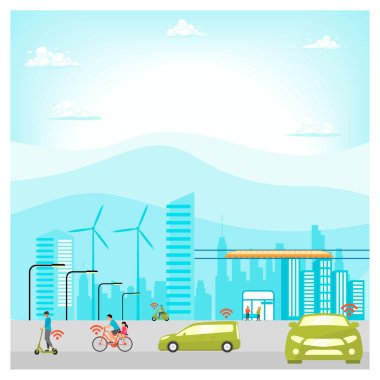 Yenilenebilir enerji kaynakları, elektrik taşımacılığı, çevre dostu araçlar ve sürdürülebilir kentsel yaşam tarzı için akıllı teknolojilerin sergilendiği şehir manzarası. Kentleşme ve Hareket Konsepti.