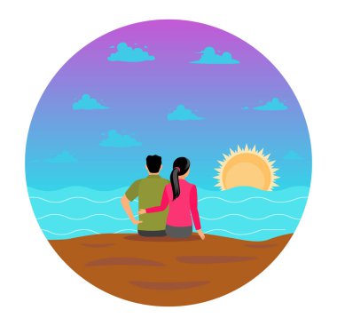 Sahil kenarında sakin bir gün batımının keyfini çıkaran sevgi dolu bir çift. Titrek gökyüzü ve sakin dalgalar barışçıl ve romantik bir ortam oluşturur. Romantik çift birlikte rahatlama konsepti.