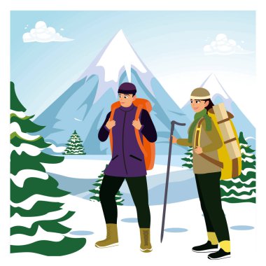 Dağlarda kış tırmanışı. Erkek ve dişi tırmanışçılar tam teçhizat ve kış kıyafetleriyle dağa tırmanırlar. Düz vektör illüstrasyonu.