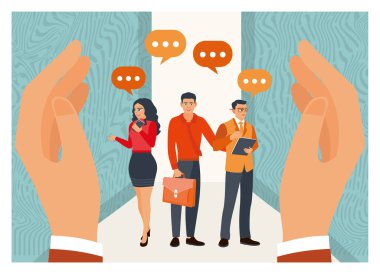 Çerçevede el ele tutuşmalar ve profesyonel etkileşim içinde olan bir grup insan, insan kaynakları, ikramiyeler, personel ve refah için avantajlar sunuyor. Çalışan bakımı konsepti. Düz vektör illüstrasyonu