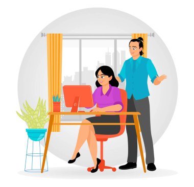 İki mutlu, meşgul profesyonel yönetici takım çalışanı şirket toplantısında modern ofiste bilgisayarda birlikte çalışıyorlar. Ofis çalışanı konsepti. Düz vektör illüstrasyonu