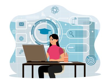 Eğitim İnternet Teknolojisi. Kadın dijital ekranda online derslere katılıyor. Düz vektör illüstrasyonu.