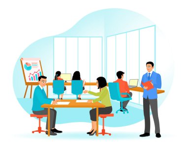 İşyerinde çalışan bir ofis çalışanı, stratejileri tartışıyor ve masalarında verileri analiz ediyor. Çevre konsepti. Düz vektör illüstrasyonu