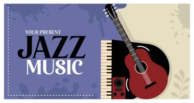 Caz müziği teması. Gitarlı ve piyanolu caz müzik festivali posteri. Düz vektör illüstrasyonu.