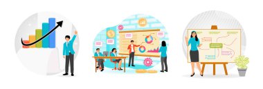 Modern tarzda iş analizi. Profesyoneller tablolar ve sunumlar yoluyla finansal ve analitik verileri tartışıyorlar. Sunum konsepti. Düz vektör resimlemesini ayarla