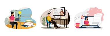 Çevrimiçi eğitim kursları ya da eğitim. Genç öğrenciler online öğrenme ve öğrenimi evden izliyorlar. Öğretmenlerle eğitimsel web siteleri aracılığıyla sanal toplantılar yaparız. Düz vektör çizimlerini ayarla.