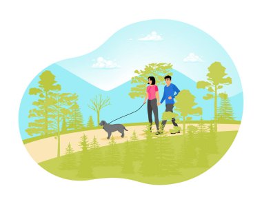 Bir adam ve bir kadın köpeklerini ağaçlarla çevrili bir patikada gezdiriyorlar, dağlık bir manzaraya yakın yeşil bir ormanda huzurlu bir doğa yürüyüşü yapıyorlar. Çiftler birlikte yürür konsepti.