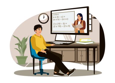 Genç öğrenciler çevrimiçi öğrenme izliyor ve evden öğreniyor. Öğretmenlerle eğitimsel webinar çağrıları yoluyla sanal toplantılar düzenlemek. Düz vektör illüstrasyonu.
