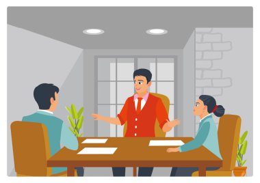 Profesyonel işveren müdürü iş başvurusu ile görüşüyor, iş arıyor, modern ofis ortamındaki bir masanın etrafında iş görüşmesi yapan birini dinliyor. Personel alımı konsepti. Düz vektör illüstrasyonu