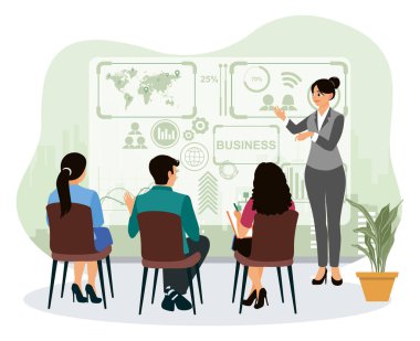 Proje uygulama konsepti. Toplantı odasında sunum yapan bir iş kadını. Düz vektör illüstrasyonu.