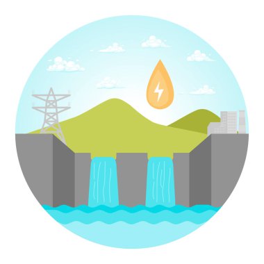 Dağlar ve su akışı arasında enerji üreten sürdürülebilir enerjiyi vurgulayan bir hidroelektrik santrali. Yenilenebilir Enerji Konsepti.