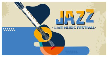 Gitarlı ve piyanolu caz temalı poster. Müzik aletleriyle canlı müzik etkinliği. Düz vektör illüstrasyonu.