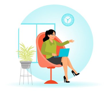 Ofisinde dizüstü bilgisayarla yumurta koltuğunda oturan bir iş kadını. Ofis çalışanı konsepti. düz vektör illüstrasyonu