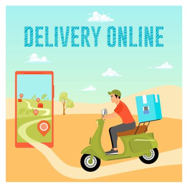 Rehberlik için harita uygulaması kullanan motosikletli bir kuryeyle birlikte marketten eve ürün siparişleri ve alımların çevrimiçi teslimatı. Kentleşme ve Hareket Konsepti.