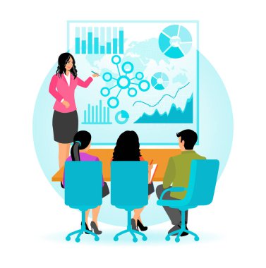 Veri analizi sunumunda işbirliği yapan profesyonel ekip grafik ve grafikleri gösteriyor. Sunum konsepti. Düz vektör illüstrasyonu