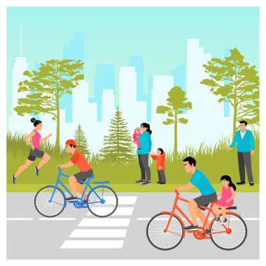 Aileler şehir manzaralı yeşil bir parkta bisiklet sürmek ve koşmak gibi açık hava aktivitelerini seviyorlar. Kentleşme ve Hareket Konsepti.