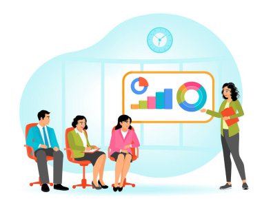 Bir yönetici, ofiste yapılan bir takım toplantısında renkli veri görsellerini açıklayıp analiz ediyor. Sunum konsepti. Düz vektör illüstrasyonu