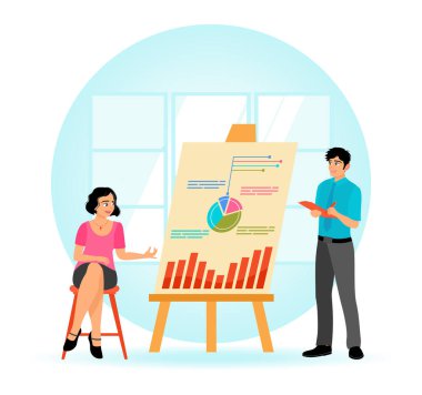 İki meslektaş, bir sunum sırasında veri grafikleri ve kavramlarını tartışarak bir iş yerinde işbirliği yapıyorlar. Sunum konsepti Düz vektör illüstrasyonu