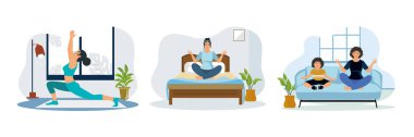 Fiziksel ve ruhsal egzersizler. Sabahları yatakta yoga yapan bir kadın. Anne ve kızı Lotus pozisyonunda kanepede oturuyor. Düz vektör resimlemesini ayarla.