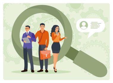 İK yöneticisi ve ekibinden oluşan üç kişi, büyüteç geçmişe sahip iş adayları bulmada işbirliği yapmaya hazır. Personel alımı konsepti. Düz vektör illüstrasyonu