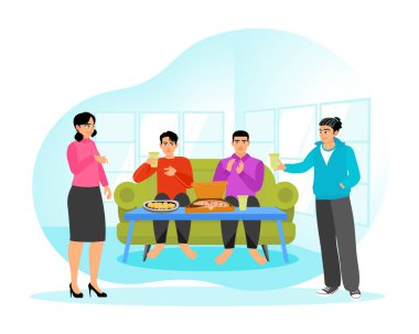 Bir grup arkadaş rahat bir evde toplanır, sohbet eder, yemek yer, içeceklerin ve pizzanın tadını birlikte çıkarırlar. Konuşma konsepti.