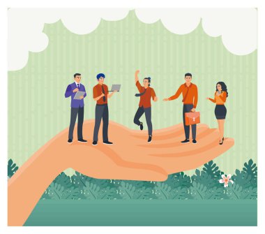 İş yerinde refah gösteren profesyonelleri taşıyan dev bir el, personel yararları, profesyonel büyümeye destek. Çalışan bakımı konsepti. Düz vektör illüstrasyonu