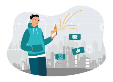 Genç bir adam internette telefonuyla internette sörf yapıyor. Sosyal medyada oynamak ve geri bildirim vermek. Düz vektör illüstrasyonu.