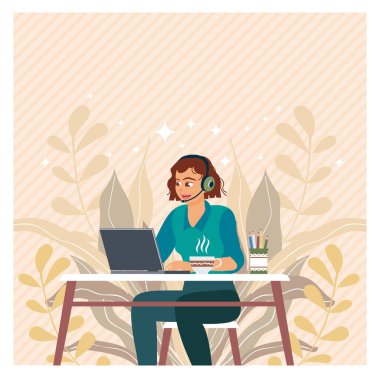 Serbest çalışmak ya da konsept çalışmak. Kulaklık takan ve dizüstü bilgisayar kullanan güzel bir kadın. Düz vektör illüstrasyonu.