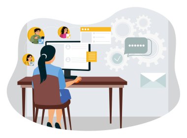 Profesyonel sanal asistanlar bir masada oturup bilgisayar üzerinde çalışırlar. Müşterilerle iletişim kur ve mesajlara cevap ver. Düz vektör illüstrasyonu.