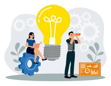 Takım çalışması kavramı. İş ekipleri verileri analiz eder ve fikirler geliştirir. Düz vektör illüstrasyonu.