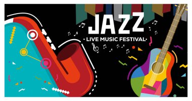 Caz müzik festivali afişi. Gitar, saksafon ve notalarla süslü dekorasyon. Düz vektör illüstrasyonu.
